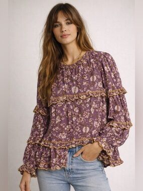Isabel Marant Étoile Floral Ruffle Blouse Size 36 Purple Boho Cotton